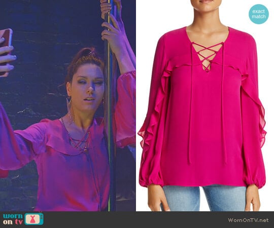 Kobi Halperin Lace-Up Ruffle Trim Silk Blouse worn by Katherine Wendelson (Briga Heelan) on Great News