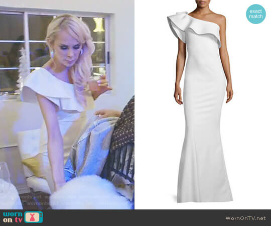 La Petite Robe di Chiara Boni Elisse One-Shoulder Ruffle Mermaid Gown worn by Kameron Westcott on The Real Housewives of Dallas