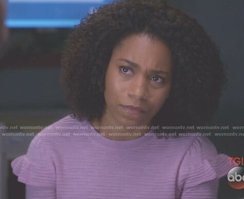 Maggie’s pink ruffle sleeve top on Grey’s Anatomy
