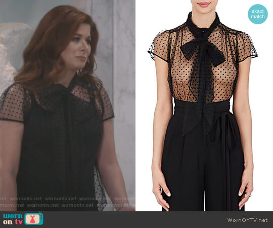 Marc Jacobs Polka Dot Mesh Tieneck Blouse worn by Grace Adler (Debra Messing) on Will and Grace
