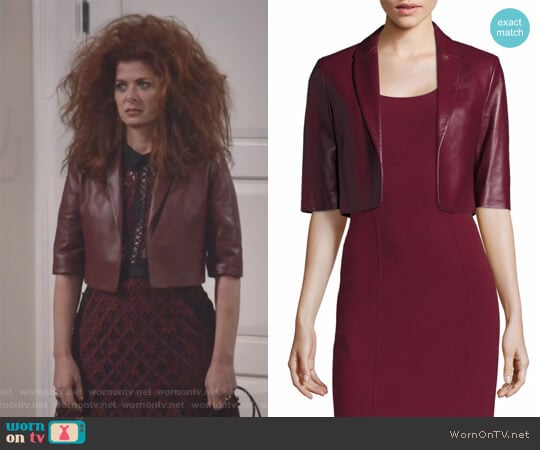 Michael Kors Cropped Plonge Leather Jacket worn by Grace Adler (Debra Messing) on Will and Grace