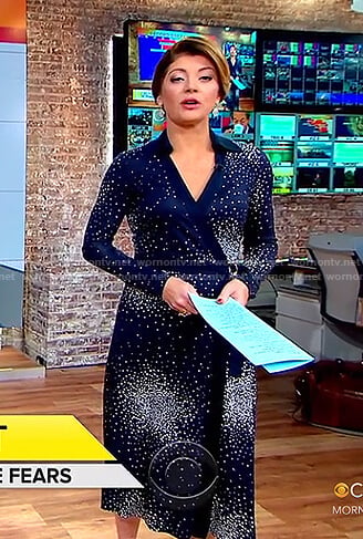 Norah’s blue printed wrap dress on CBS This Morning