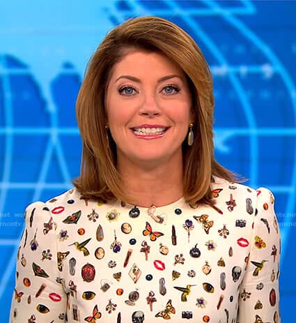 Norah’s white icon print dress on CBS This Morning
