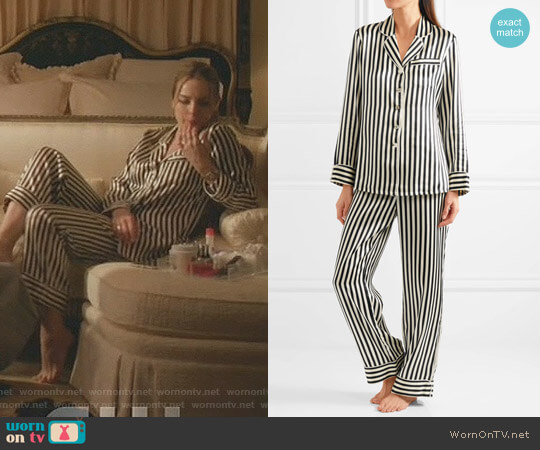 Olivia von Halle Lila Striped Silk-Satin Pajama Set worn by Fallon Carrington (Elizabeth Gillies) on Dynasty