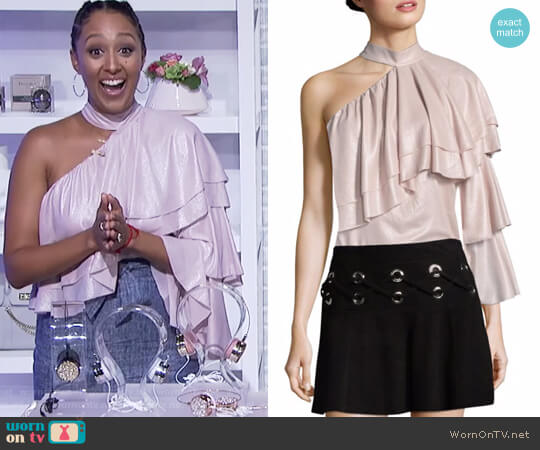 Parker Ophelia Ruffled One-Shoulder Choker Blouse worn by Tamera Mowry on The Real