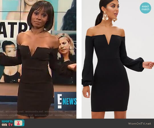 Pretty Little Thing Balloon Sleeve Bardot Bodycon Dress worn by Zuri Hall on E! News
