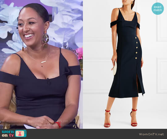 Rebecca Vallance Beltran cold-shoulder crepe midi dress worn by Tamera Mowry on The Real