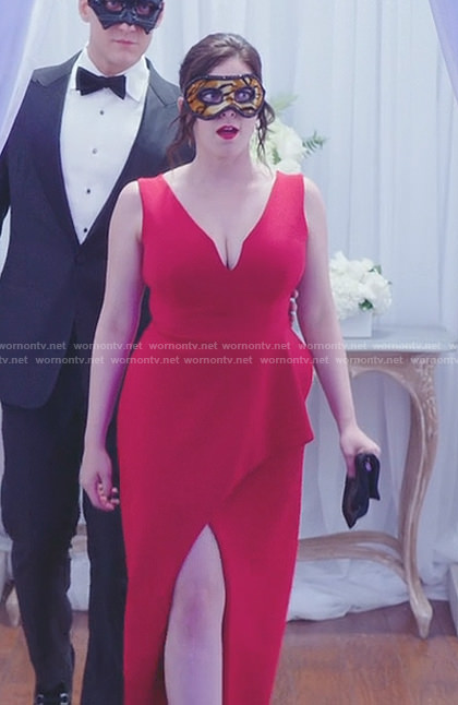 Rebecca’s red sleeveless wrapped gown on Crazy Ex-Girlfriend