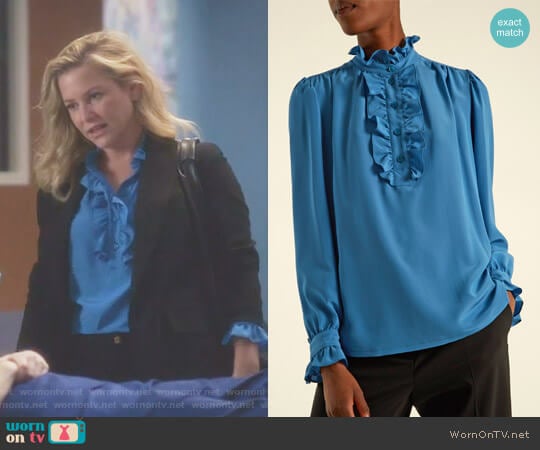Stella McCartney Meredith Ruffle-Trimmed Silk Blouse worn by Arizona Robbins (Jessica Capshaw) on Greys Anatomy