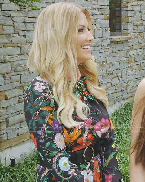 Stephanie’s black flower and snake print dress on The Real Housewives of Dallas