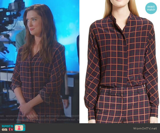 Theory Plaid Dolman Sleeve Silk Blouse worn by Katherine Wendelson (Briga Heelan) on Great News
