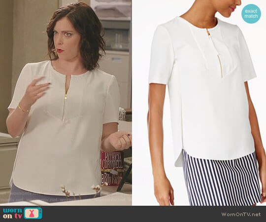 Trina Turk Side-Split Zip-Up Top worn by Rebecca Bunch (Rachel Bloom) on Crazy Ex-Girlfriend