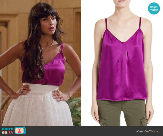 Vince Pleated Silk Camisole in Magenta worn by Tahani Al-Jamil (Jameela Jamil) on The Good Place