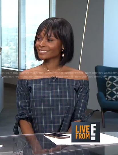 Zuri’s blue plaid off-shoulder top on Live from E!