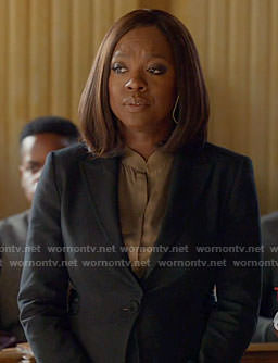 Annalise’s brown silk blouse and black blazer with lace-up detail on How to Get Away with Murder