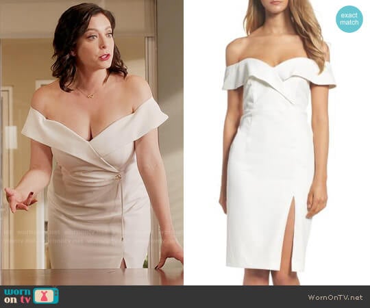 Bardot Bella Midi Dress in White worn by Rebecca Bunch (Rachel Bloom) on Crazy Ex-Girlfriend