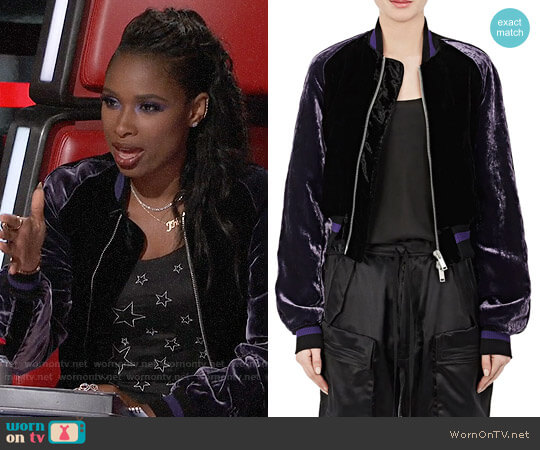 Ben Taverniti Unravel Project Velvet Crop Bomber Jacket worn by Jennifer Hudson on The Voice