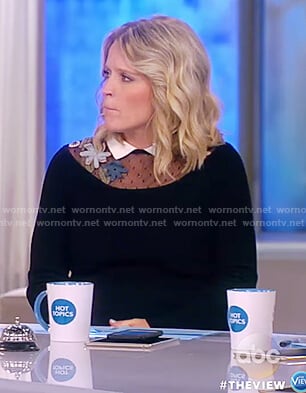 Sara’s black embroidered neck line knit dress on The View