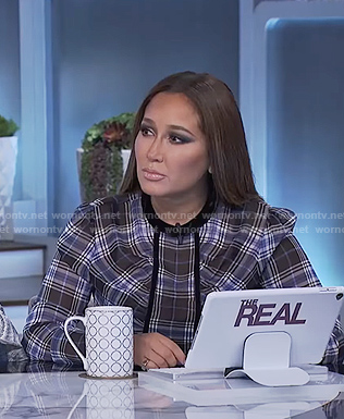 Adrienne’s blue plaid ruffle front long sleeve top on The Real
