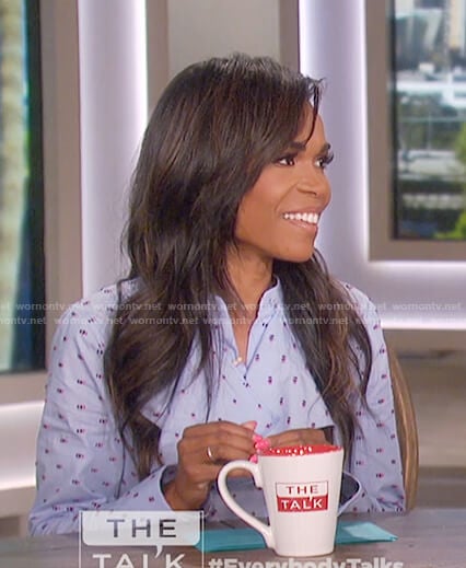 Michelle Williams’s blue print ruffle front dress on The Talk