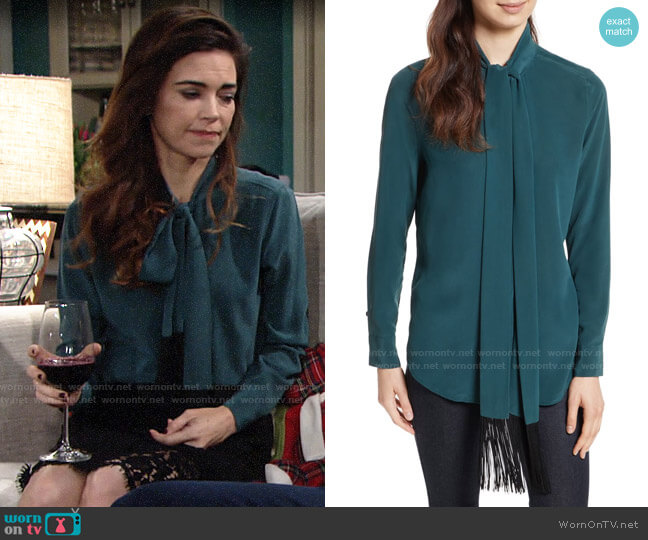 Essential Tie Neck Silk Blouse in Eden Green Equipment worn by Victoria Newman (Amelia Heinle) on The Young and the Restless