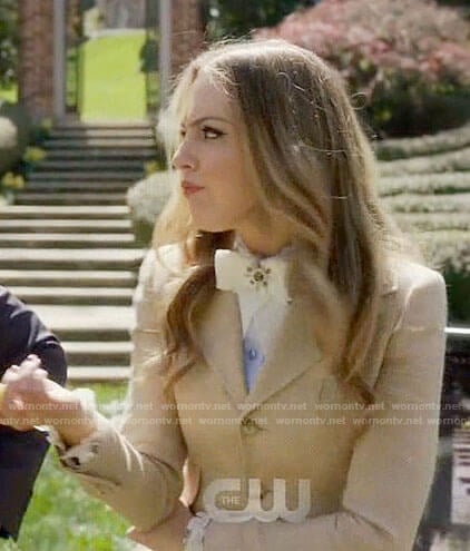 Fallon’s bow-tie shirt and camel jacket on Dynasty