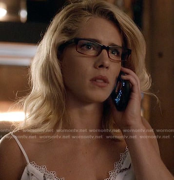 Felicity’s white feather print lace-trim cami on Arrow