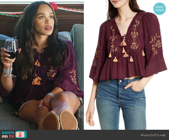 Free People Embroidered Crop Top in Plum worn by Erica Dundee (Cleopatra Coleman) on Last Man On Earth