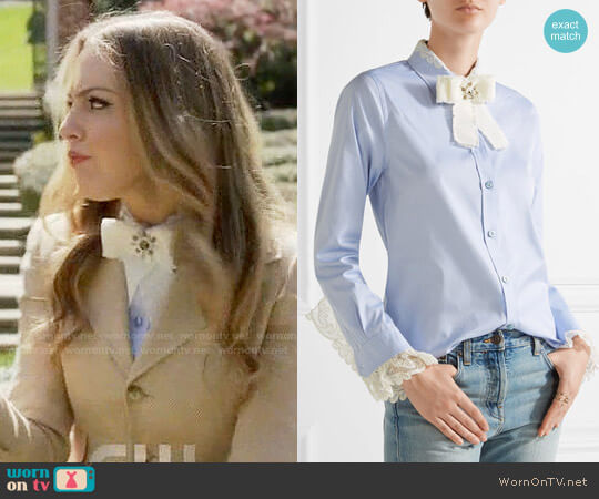 Gucci Bow-embellished lace-trimmed cotton-poplin shirt worn by Fallon Carrington (Elizabeth Gillies) on Dynasty