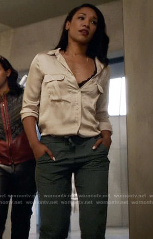 Iris’s beige shirt with front pockets on The Flash