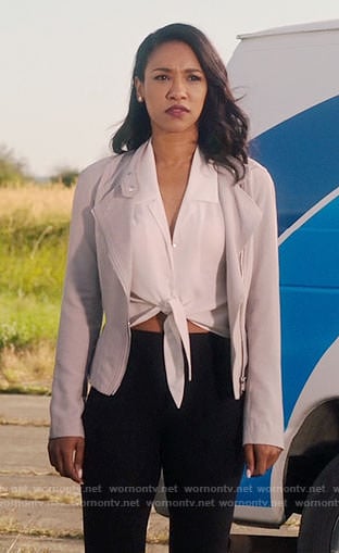 Iris’s white tie-front top and grey jacket on The Flash