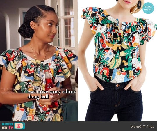 J.Crew Postcard Print Ruffle Top worn by Zoey Johnson (Yara Shahidi) on Black-ish