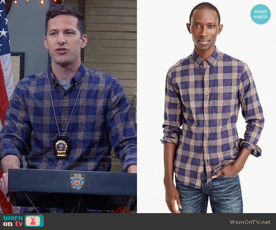 J.Crew Brushed Flannel Shirt in Plaid in Navy Sand worn by Jake Peralta (Andy Samberg) on Brooklyn Nine-Nine