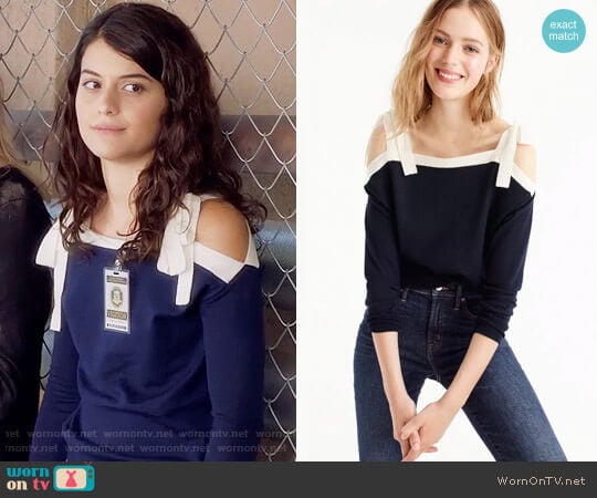 J.Crew Merino Wool Cold-Shoulder Sweater in Navy Parchment worn by Sabrina Pemberton (Sofia Black D'Elia) on The Mick