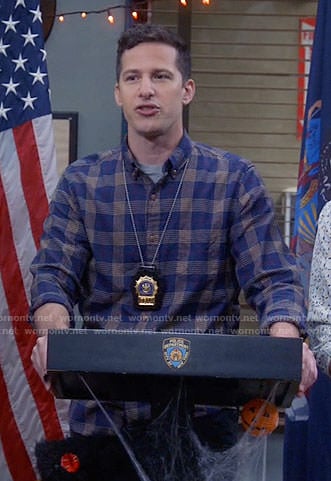 Jake’s navy plaid shirt on Brooklyn Nine-Nine