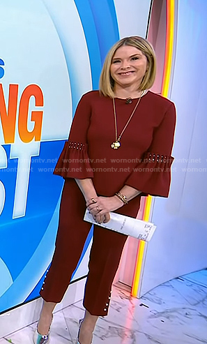Jenna’s red bell sleeve top with pearls and pants on Today
