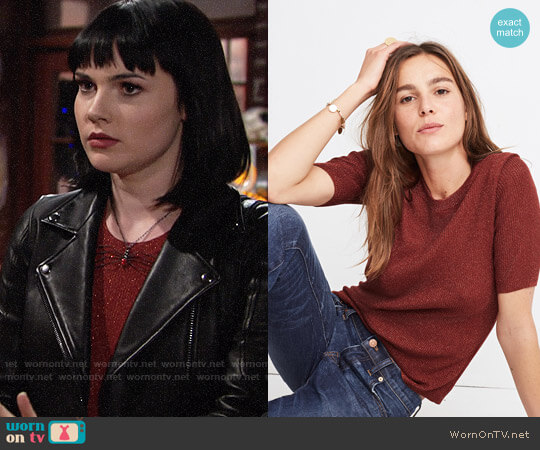 Madewell Evening Sparkle Ribbed Sweater Top in Metallic Mahogany worn by Tessa Porter (Cait Fairbanks) on The Young and the Restless