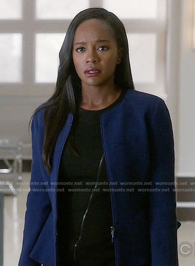 Michaela’s black zip front dress and blue peplum jacket on How to Get Away with Murder