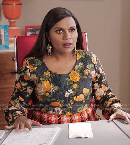 Mindy’s black floral top and orange houndstooth skirt on The Mindy Project