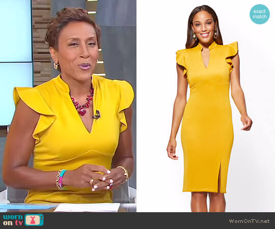 New York & Company 7th Avenue Ruffled V-Neck Sheath Dress worn by Robin Roberts on Good Morning America