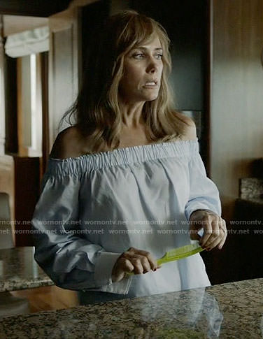 Pamela’s blue pinstriped off-shoulder top on Last Man on Earth
