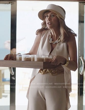 Pamela’s beige ruffled jumpsuit on Last Man on Earth