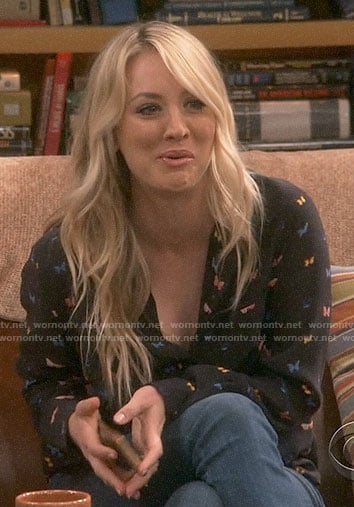 Penny’s black butterfly print shirt on The Big Bang Theory