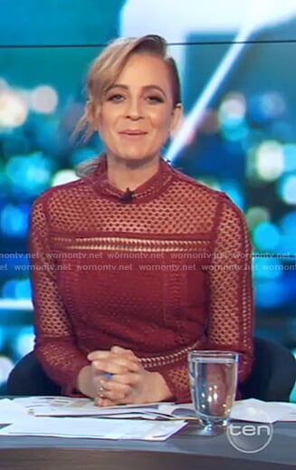 Carrie’s red lace long sleeve dress on The Project