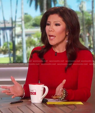 Julie’s red ribbed long sleeve sheath dress on The Talk