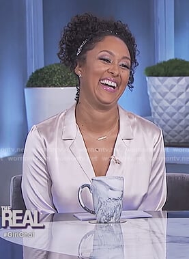 Tamera’s rose silk button front top on The Real