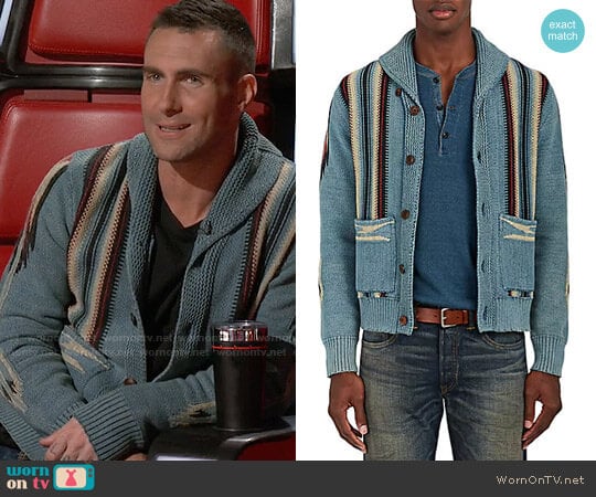 RRL Ralph Lauren Folkloric-Striped Cotton-Blend Cardigan worn by Adam Levine on The Voice