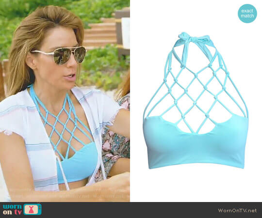 San Lorenzo Mermaid Dreams Aqua High Neck Interlace Top worn by Cary Deuber on The Real Housewives of Dallas