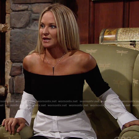 Sharon’s black and white layered off-shoulder top on The Young and the Restless