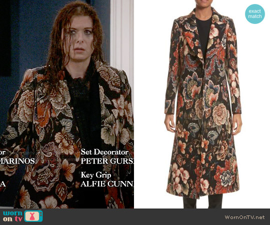 Stella McCartney Floral Tapestry Long Coat worn by Grace Adler (Debra Messing) on Will and Grace